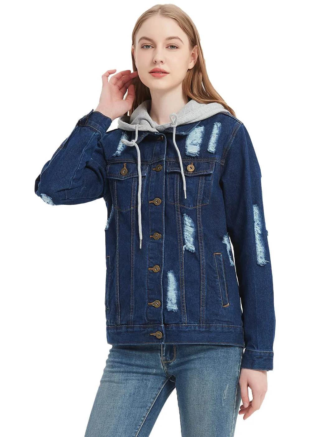 Detachable Hoodie Denim Distressed Jean Jacket