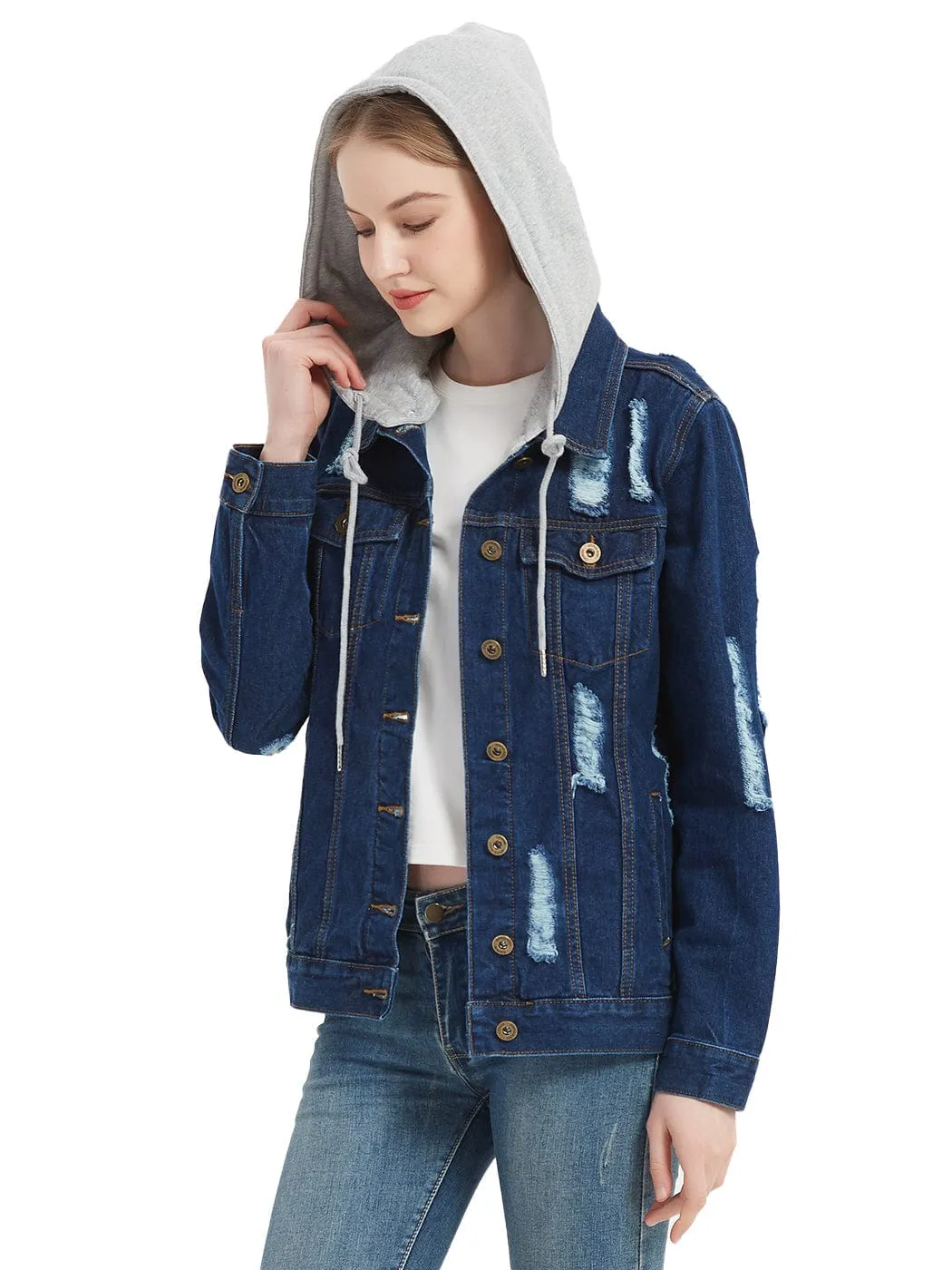 Detachable Hoodie Denim Distressed Jean Jacket