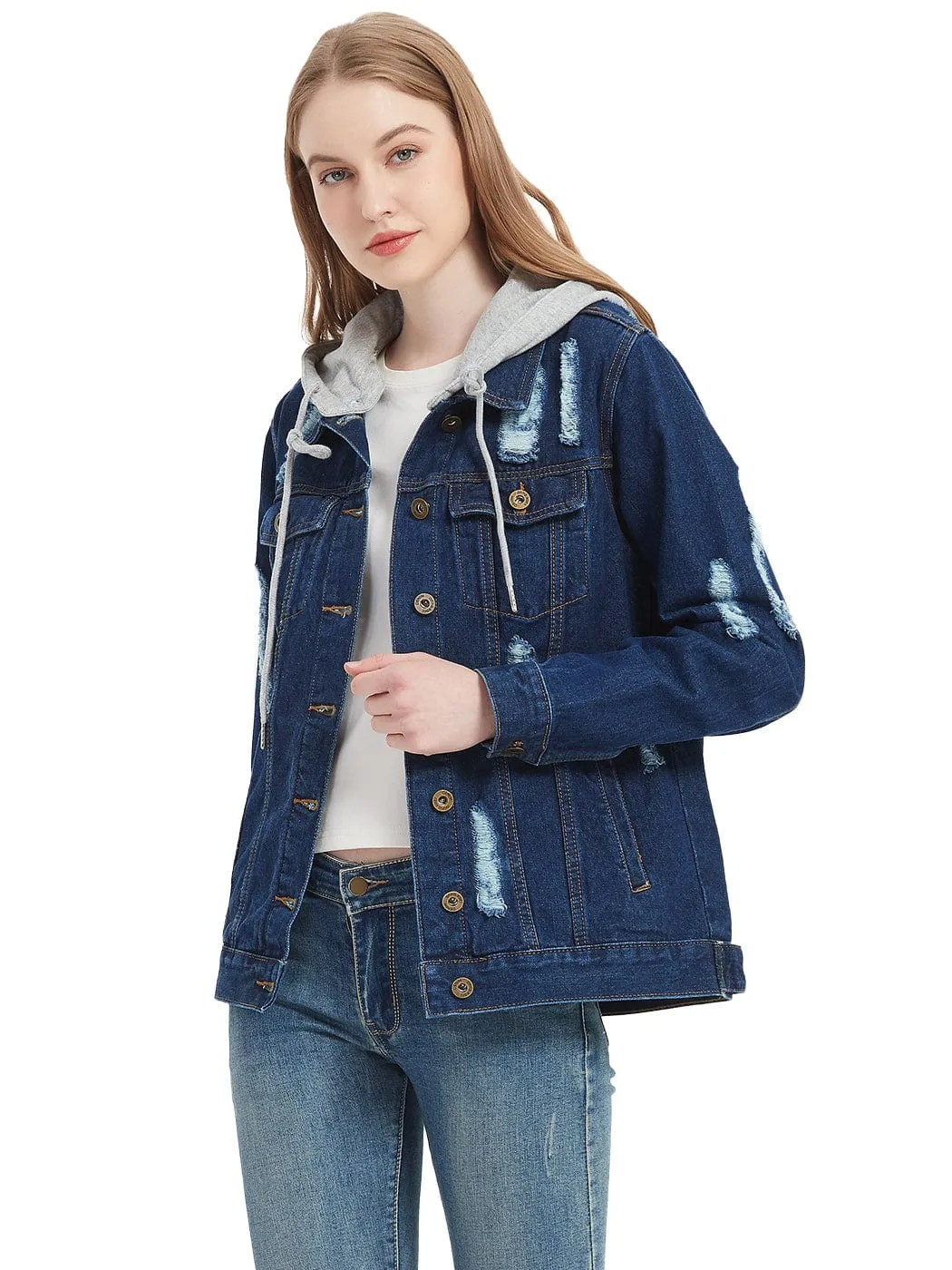 Detachable Hoodie Denim Distressed Jean Jacket