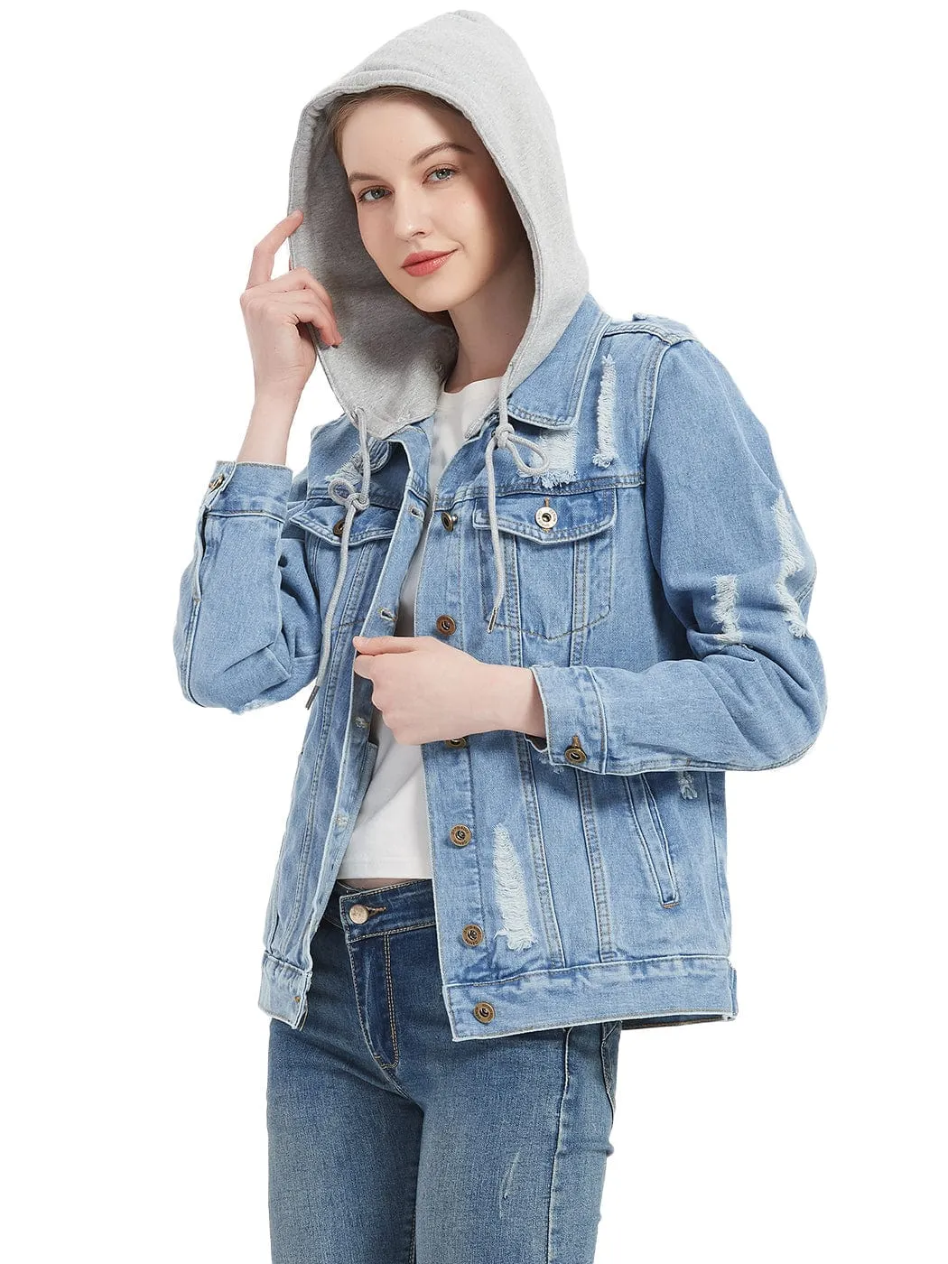 Detachable Hoodie Denim Distressed Jean Jacket