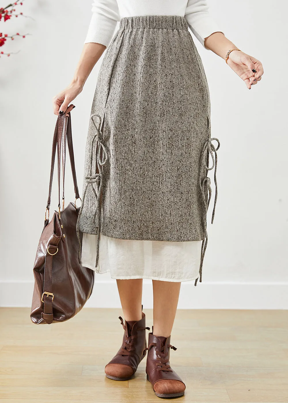 Fashion Grey Elastic Waist Patchwork Lace Up Cotton Fake Two Piece Skirt Fall LY9860