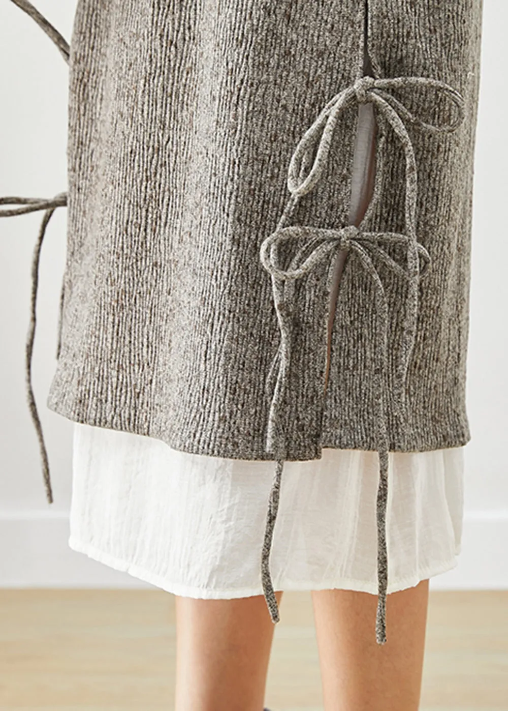 Fashion Grey Elastic Waist Patchwork Lace Up Cotton Fake Two Piece Skirt Fall LY9860