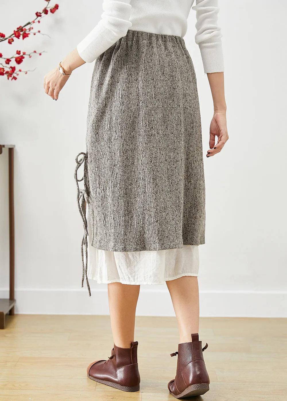Fashion Grey Elastic Waist Patchwork Lace Up Cotton Fake Two Piece Skirt Fall LY9860
