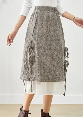 Fashion Grey Elastic Waist Patchwork Lace Up Cotton Fake Two Piece Skirt Fall LY9860