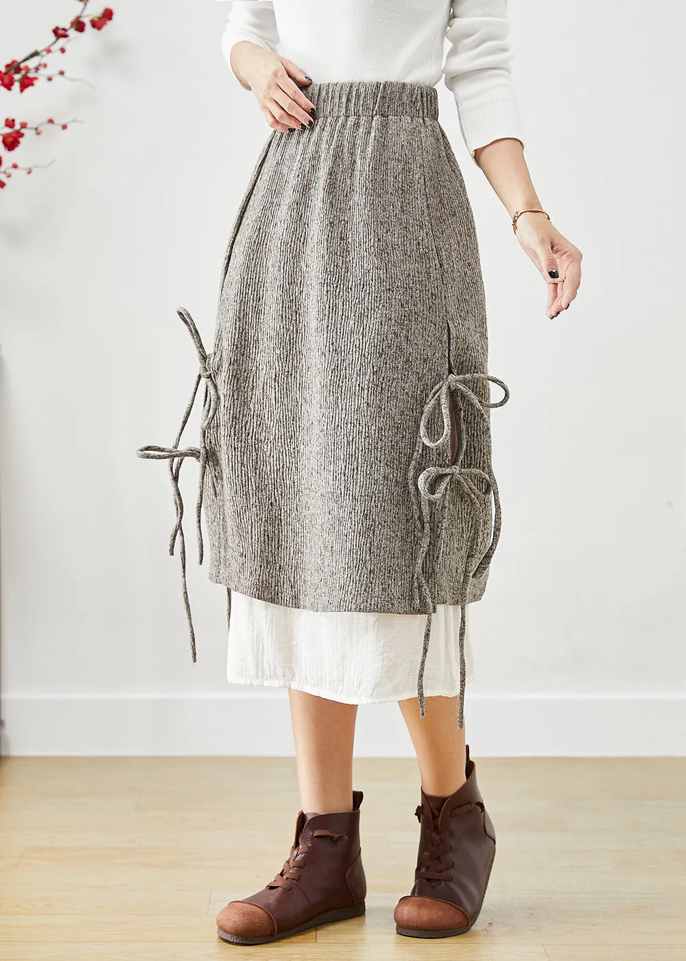 Fashion Grey Elastic Waist Patchwork Lace Up Cotton Fake Two Piece Skirt Fall LY9860