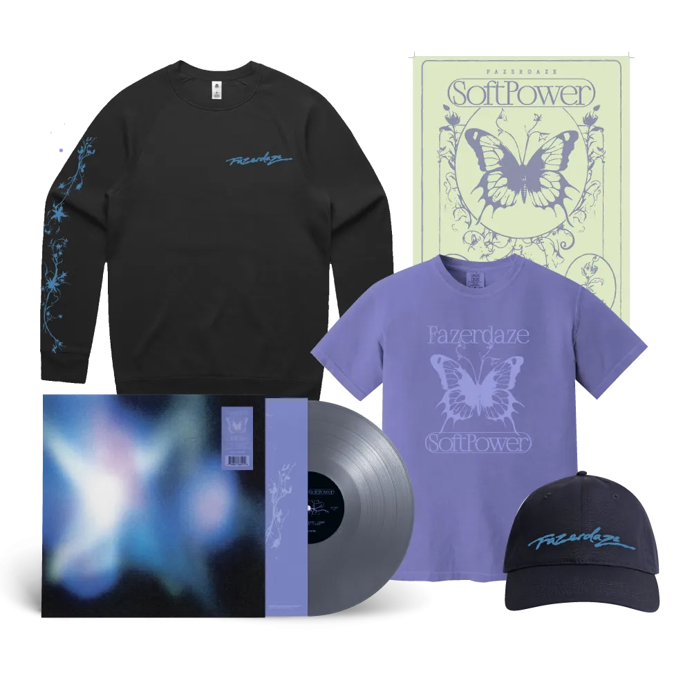 Fazerdaze / Soft Power LP Silver Vinyl, Crew, T-Shirt, Cap & Poster Bundle
