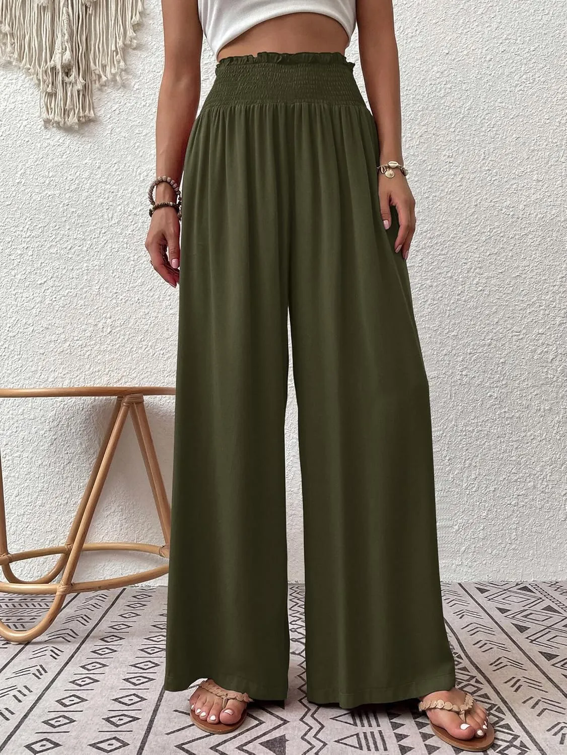 Febriajuce Womens High Waist Wide Leg Pants Smocked Elastic Waist Flowy Palazzo Lounge Pants Loose Trousers with Pockets