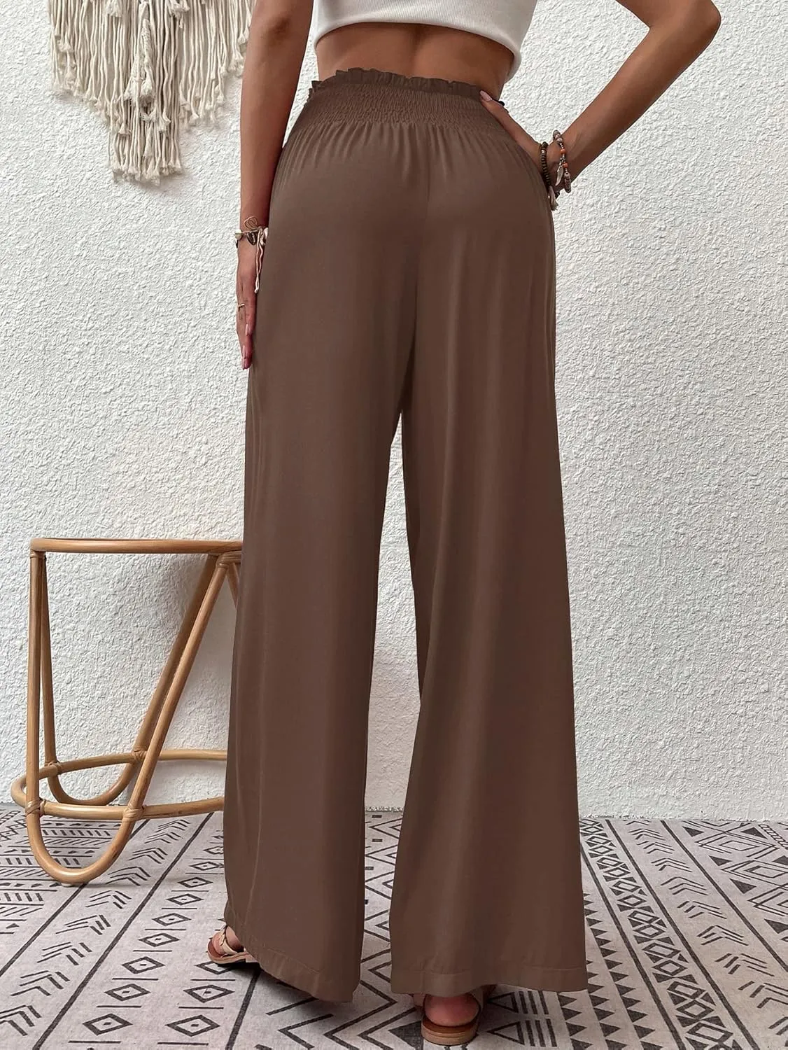 Febriajuce Womens High Waist Wide Leg Pants Smocked Elastic Waist Flowy Palazzo Lounge Pants Loose Trousers with Pockets