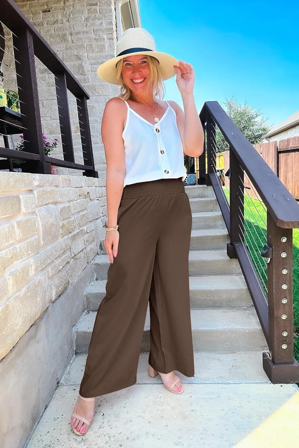 Febriajuce Womens High Waist Wide Leg Pants Smocked Elastic Waist Flowy Palazzo Lounge Pants Loose Trousers with Pockets