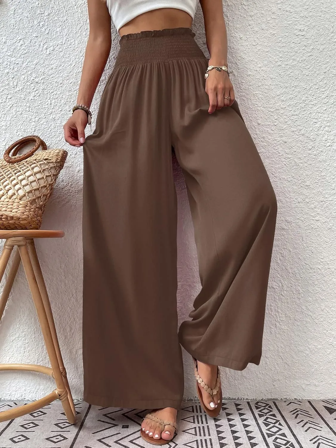 Febriajuce Womens High Waist Wide Leg Pants Smocked Elastic Waist Flowy Palazzo Lounge Pants Loose Trousers with Pockets