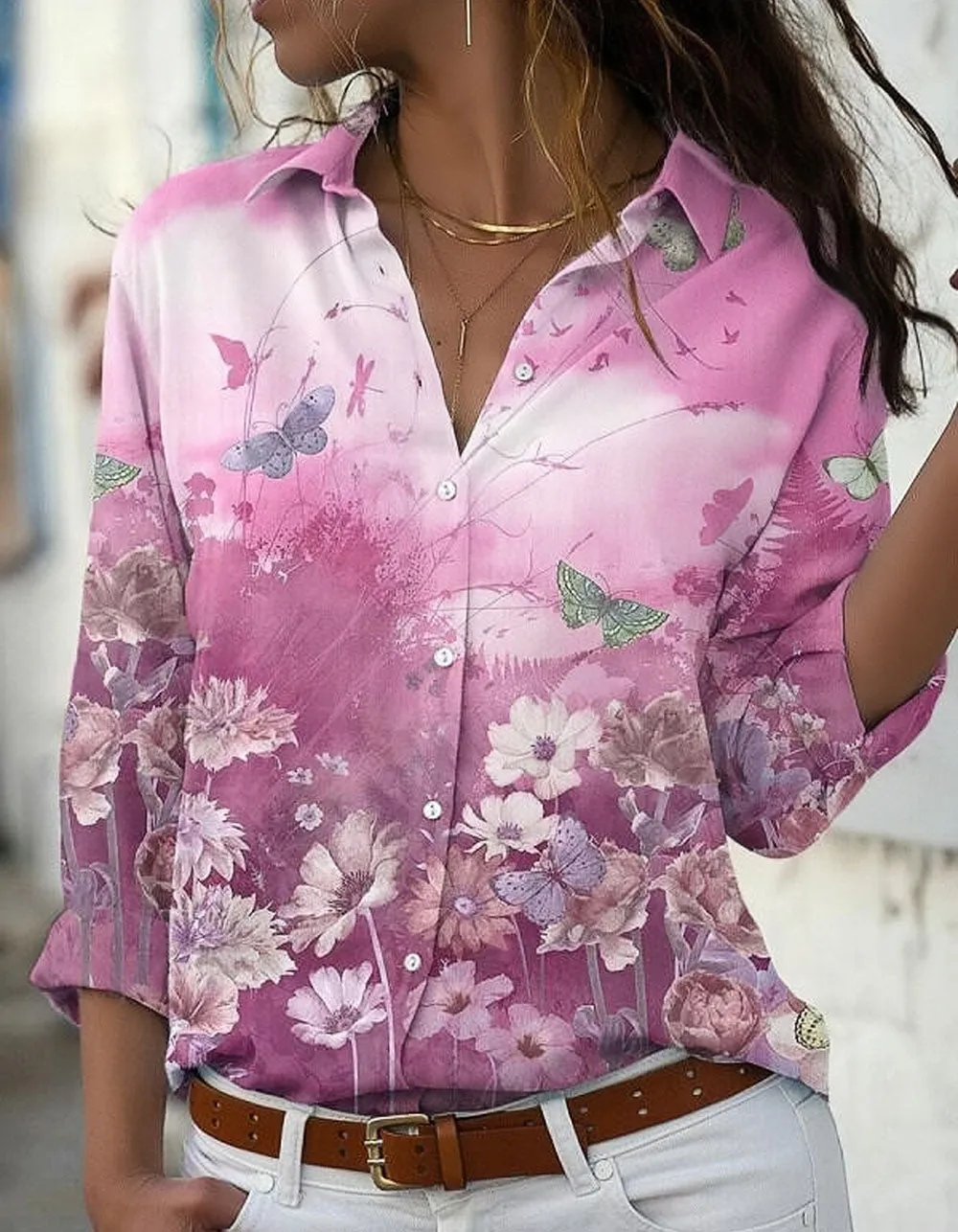 Floral Print Loose Button Front Long Sleeve Lapel Shirt