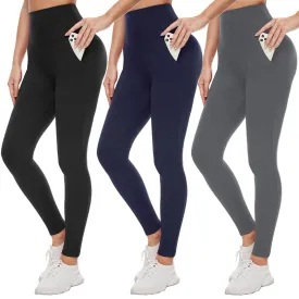 Fullsoft 3 Pack Womens Yoga Leggings With Pocket High Waisted Tummy Control Pants