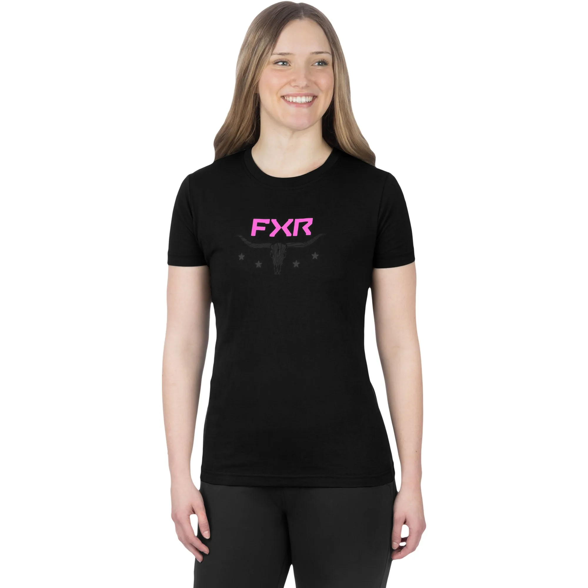 FXR  Womens Antler Premium T-Shirt Tee Crew Neck Short Sleeve Black E Pink-Razz
