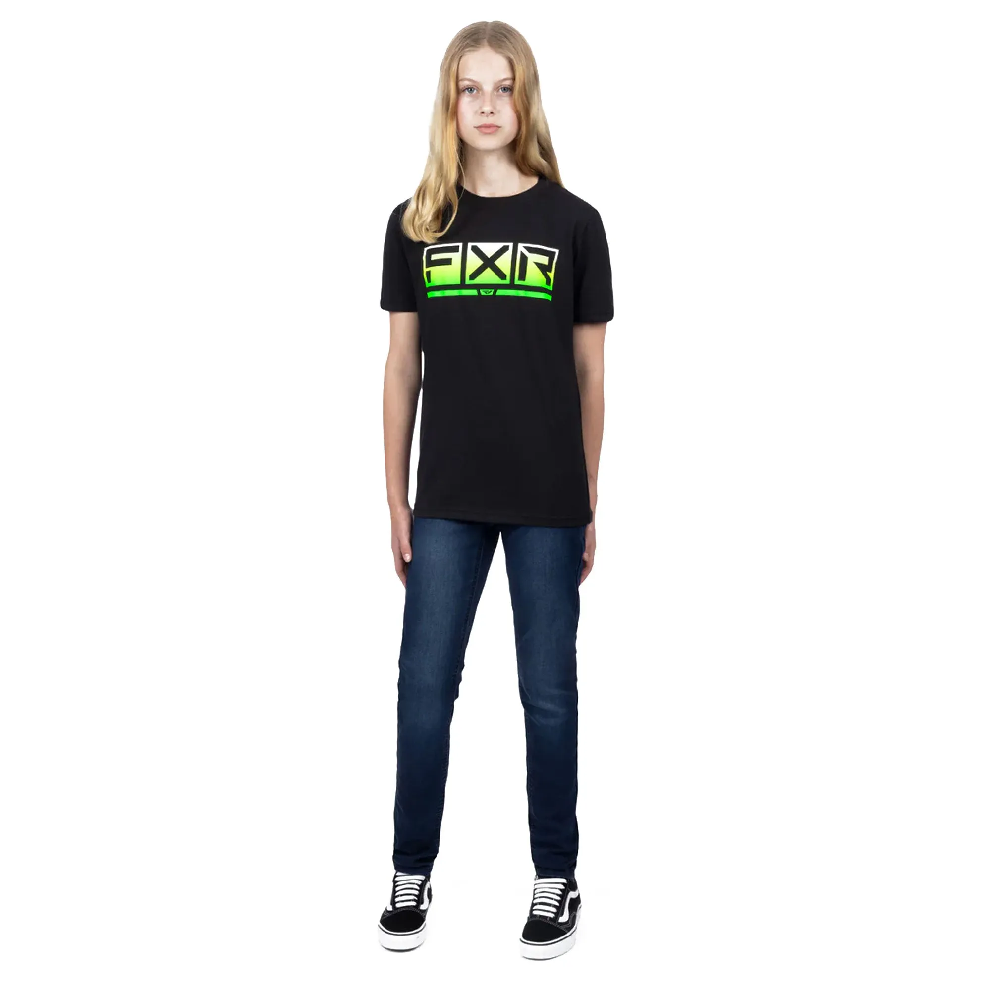 FXR  Youth Podium Premium T-Shirt Tee Short Sleeve Cotton Casual Black Glowstick