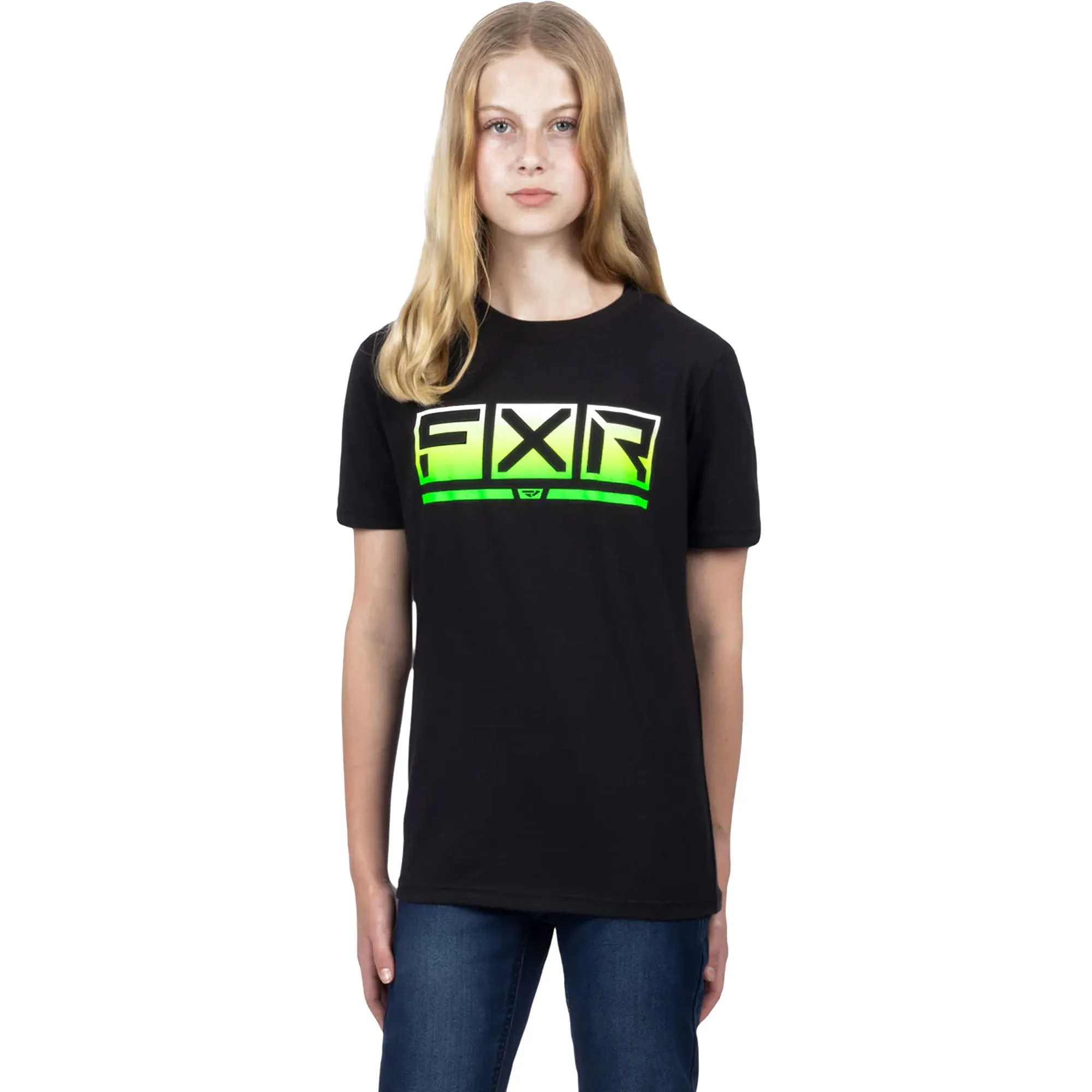 FXR  Youth Podium Premium T-Shirt Tee Short Sleeve Cotton Casual Black Glowstick