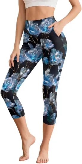 Galaxy High Waisted Capri Leggings for Women, Lotus Mandala Tummy Control Yoga Pants Butterfly Stretchy Leggings