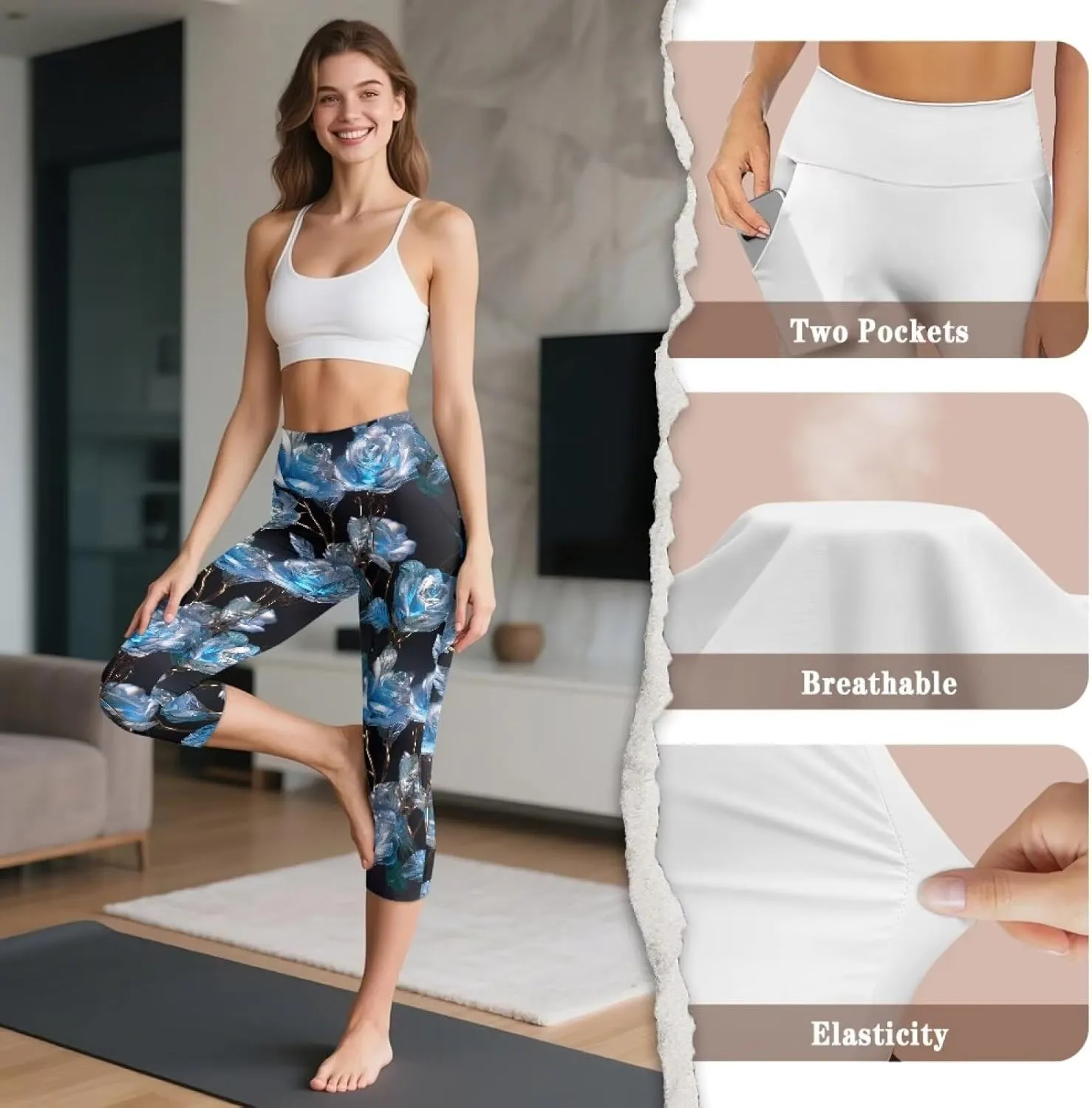 Galaxy High Waisted Capri Leggings for Women, Lotus Mandala Tummy Control Yoga Pants Butterfly Stretchy Leggings