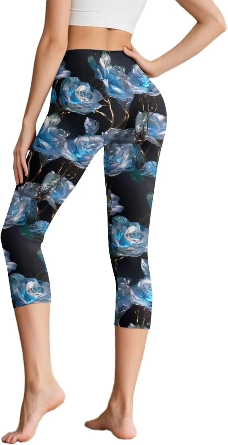 Galaxy High Waisted Capri Leggings for Women, Lotus Mandala Tummy Control Yoga Pants Butterfly Stretchy Leggings