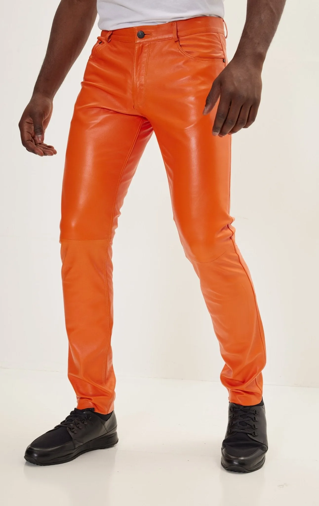Genuine Lambskin Leather Pants - Orange
