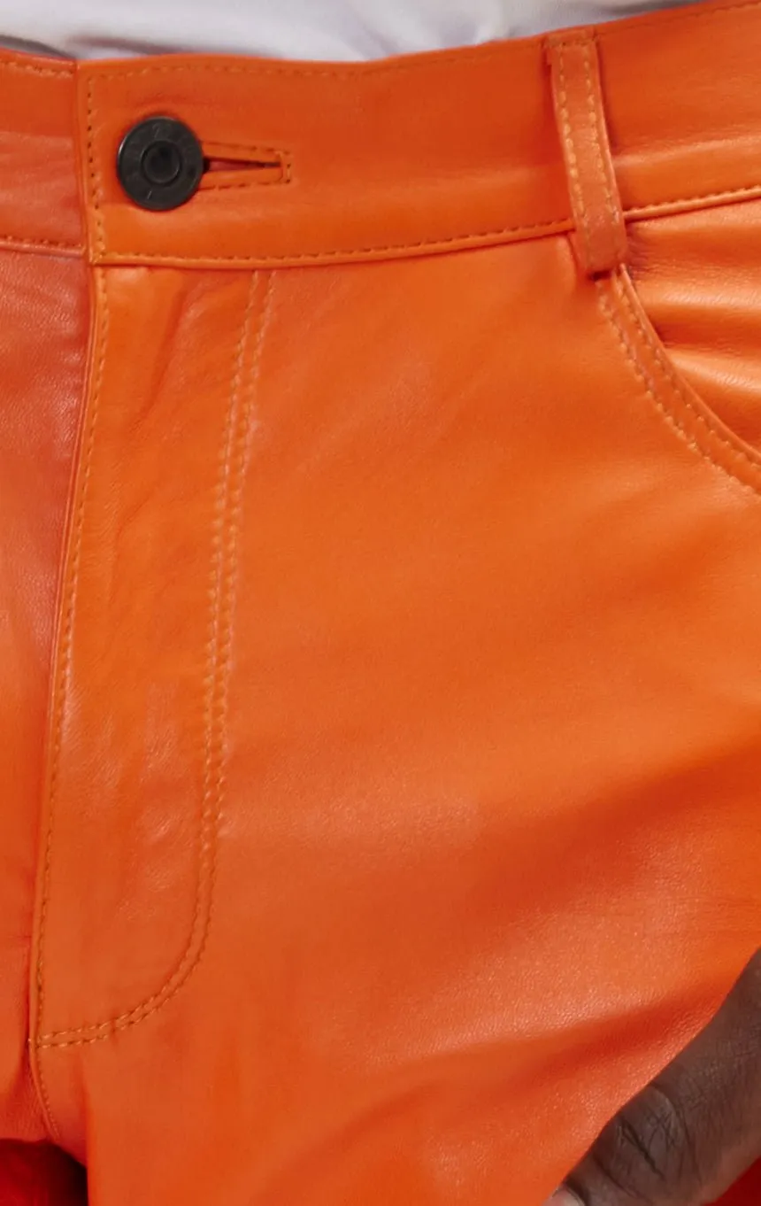 Genuine Lambskin Leather Pants - Orange