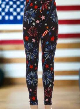 Girls American Flag Sparkler Leggings, Kids Yoga Pants, Sizes S/L, Red/White/Blue