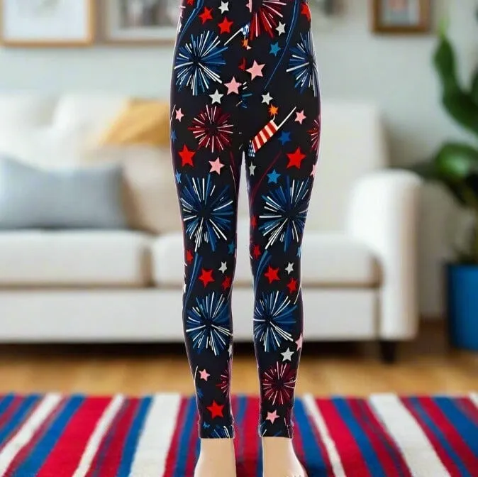 Girls American Flag Sparkler Leggings, Kids Yoga Pants, Sizes S/L, Red/White/Blue