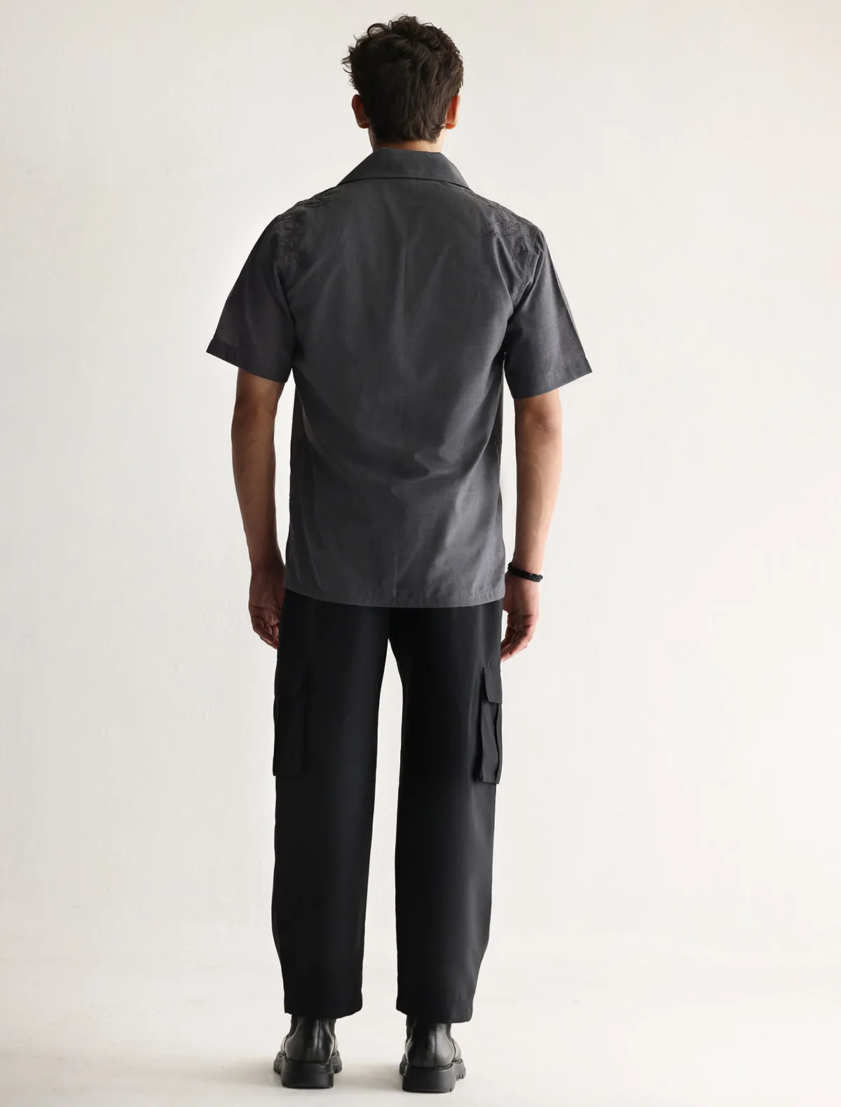 GRAY SELF EMBROIDERED HALF SLEEVE SHIRT