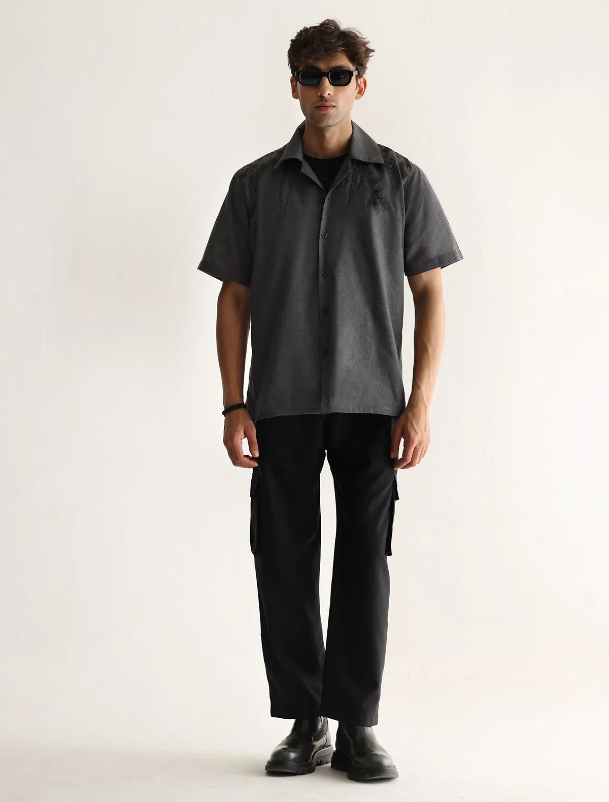 GRAY SELF EMBROIDERED HALF SLEEVE SHIRT