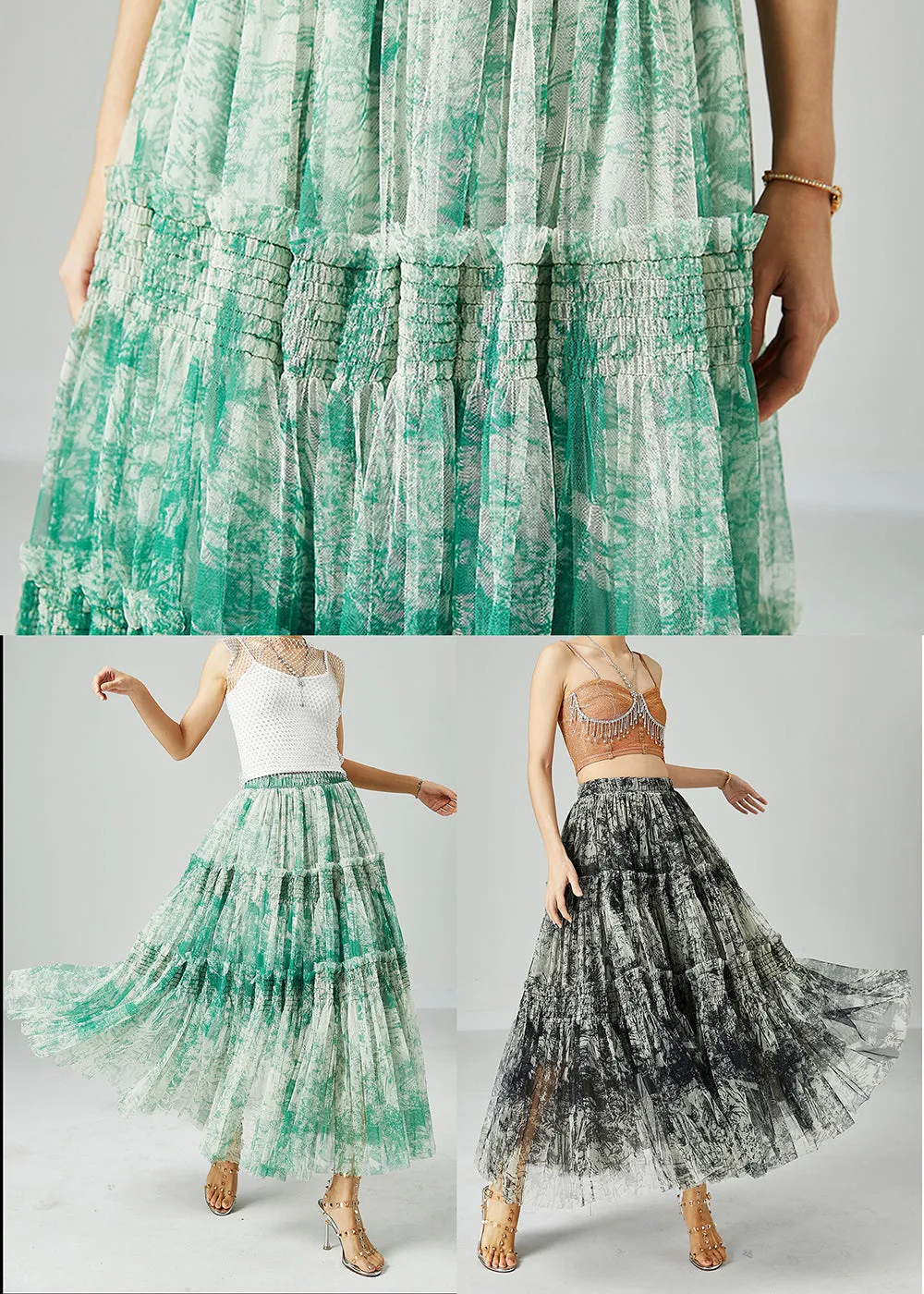 Green Patchwork Tulle Skirt Wrinkled Exra Large Hem Summer LY2426