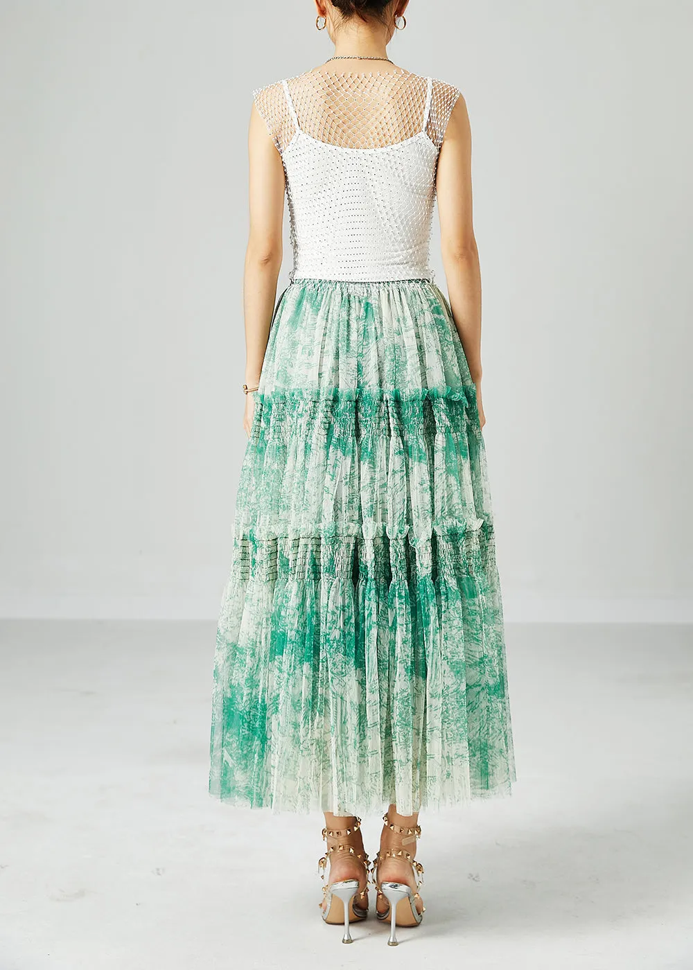 Green Patchwork Tulle Skirt Wrinkled Exra Large Hem Summer LY2426