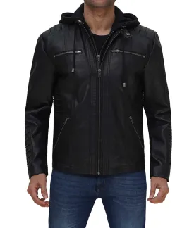 Helen Mens Black Leather Jacket with Removable Hood