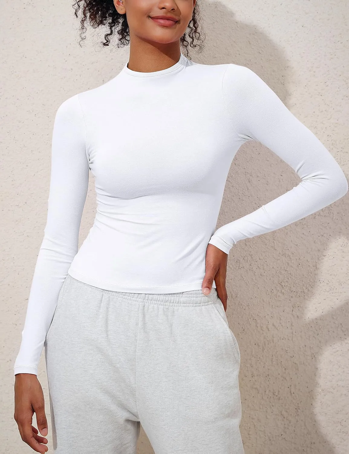 Hilor Women's Long Sleeve T Shirts Basic Cotton Mock Neck Tops Tight Fitted Going Out Crop Tops Y2K Tees Shirts