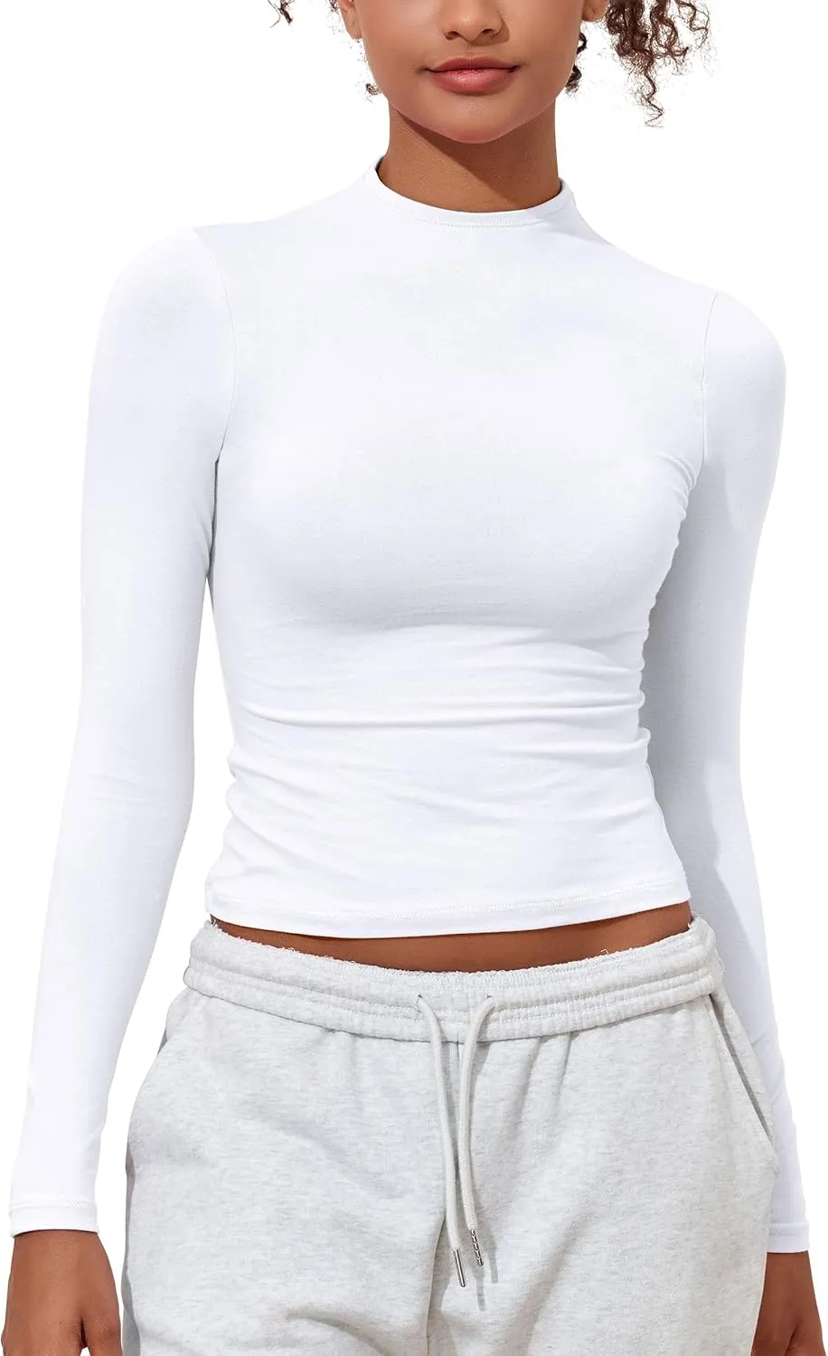 Hilor Women's Long Sleeve T Shirts Basic Cotton Mock Neck Tops Tight Fitted Going Out Crop Tops Y2K Tees Shirts