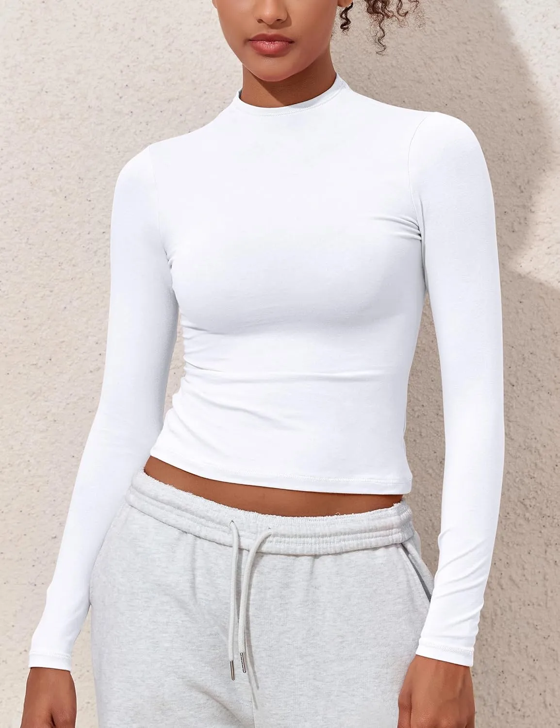Hilor Women's Long Sleeve T Shirts Basic Cotton Mock Neck Tops Tight Fitted Going Out Crop Tops Y2K Tees Shirts