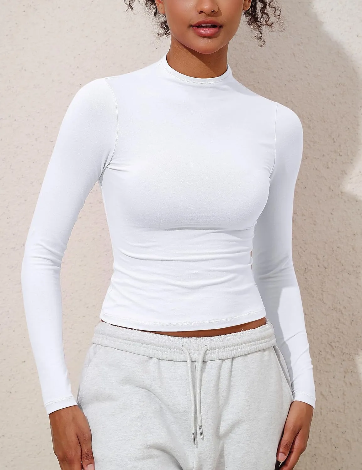 Hilor Women's Long Sleeve T Shirts Basic Cotton Mock Neck Tops Tight Fitted Going Out Crop Tops Y2K Tees Shirts
