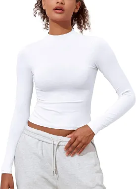 Hilor Women's Long Sleeve T Shirts Basic Cotton Mock Neck Tops Tight Fitted Going Out Crop Tops Y2K Tees Shirts