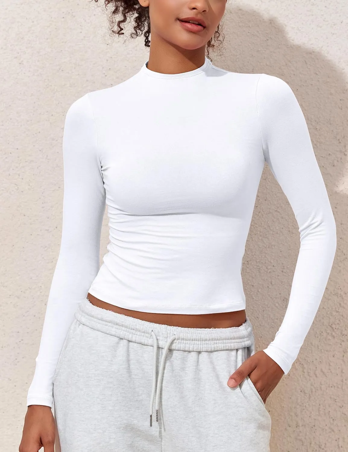 Hilor Women's Long Sleeve T Shirts Basic Cotton Mock Neck Tops Tight Fitted Going Out Crop Tops Y2K Tees Shirts