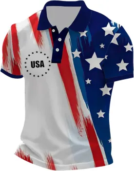 July 4th Shirts for Men Star Stripe USA American Flag Polo Golf Tshirts Short Sleeve Button Up Independence Day Tops