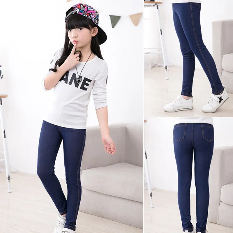 Kids Girls Elastic Skinny Pants Solid Color Stretch Children Denim Jeans Spring Casual Pants - GJN0160