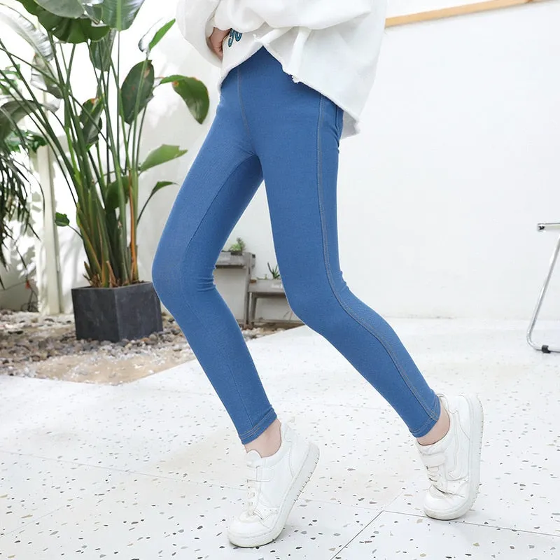 Kids Girls Elastic Skinny Pants Solid Color Stretch Children Denim Jeans Spring Casual Pants - GJN0160