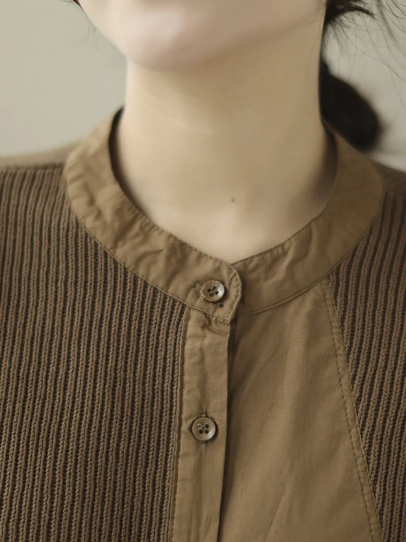 Knitted Loose Literary Retro Cotton Color Matching Shirt