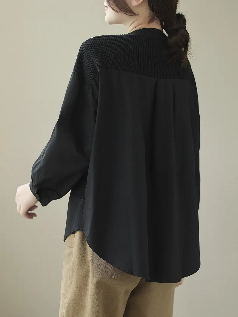 Knitted Loose Literary Retro Cotton Color Matching Shirt