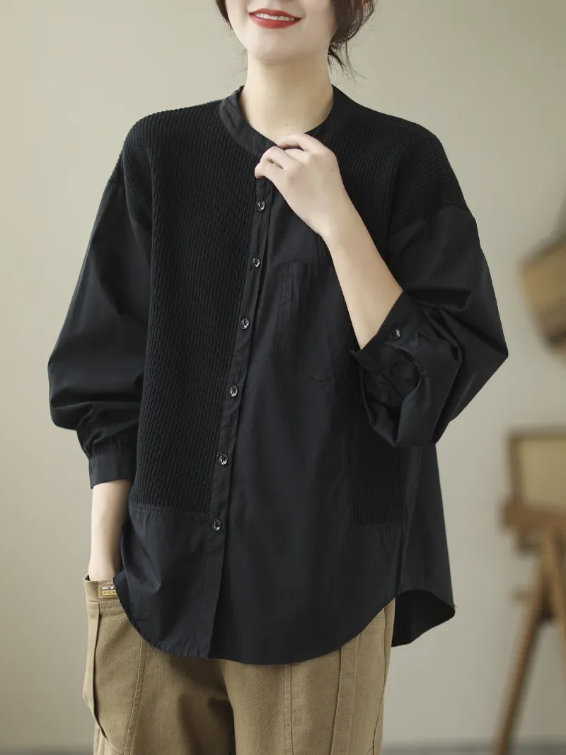 Knitted Loose Literary Retro Cotton Color Matching Shirt