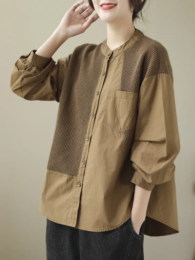 Knitted Loose Literary Retro Cotton Color Matching Shirt