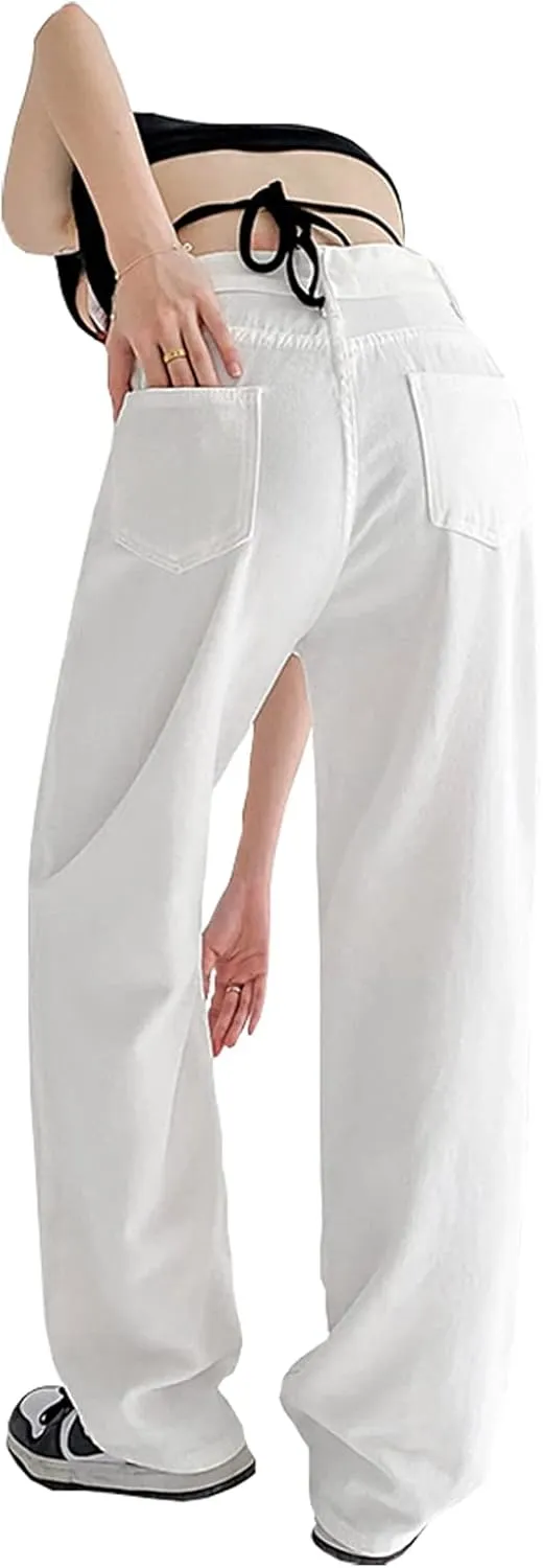 LONGBIDA Baggy Jeans for Women High Waisted Y2K Stretch Wide Leg Straight Jeans Casual Boyfriend Denim Pants