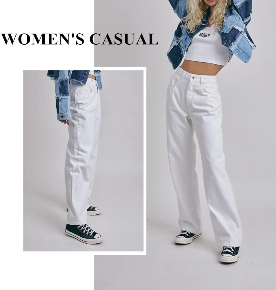 LONGBIDA Baggy Jeans for Women High Waisted Y2K Stretch Wide Leg Straight Jeans Casual Boyfriend Denim Pants