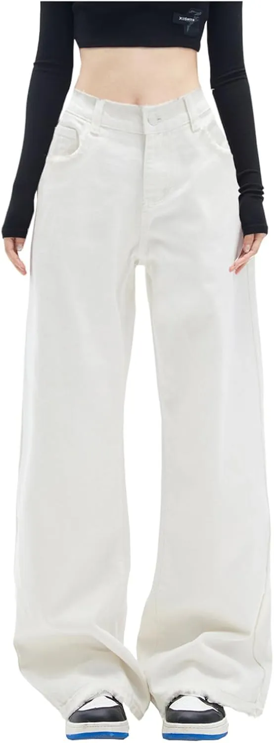 LONGBIDA Baggy Jeans for Women High Waisted Y2K Stretch Wide Leg Straight Jeans Casual Boyfriend Denim Pants