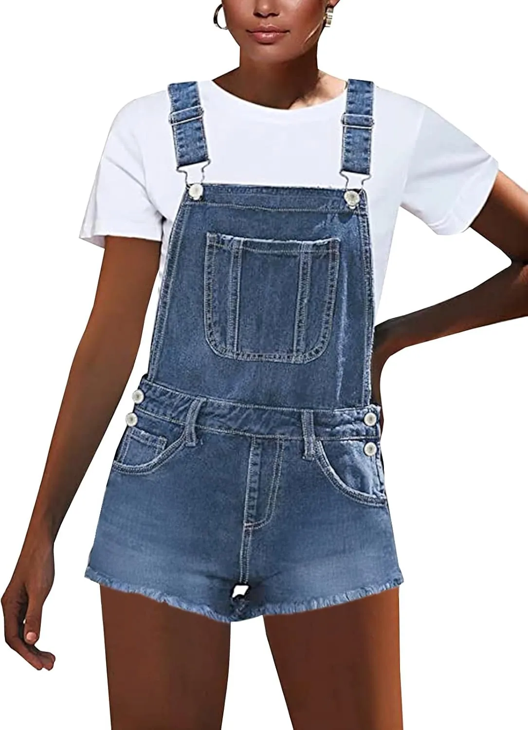 LONGYIDA Overall Shorts for Women Adjustable Straps Stretch Denim Bib Overalls Short Frayed Raw Hem Rompers