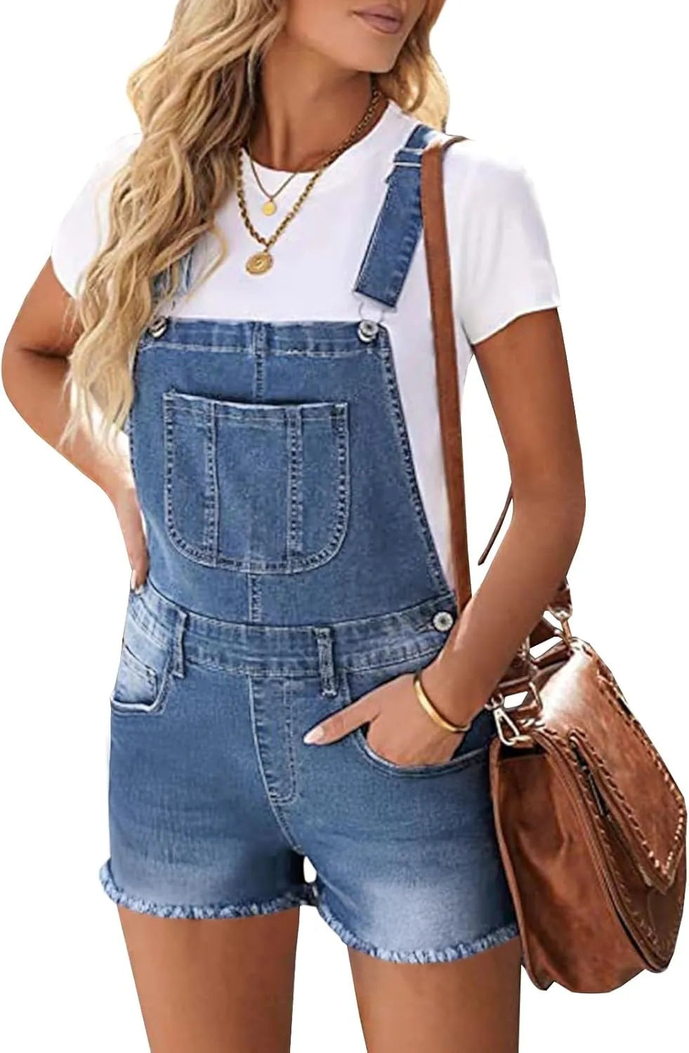 LONGYIDA Overall Shorts for Women Adjustable Straps Stretch Denim Bib Overalls Short Frayed Raw Hem Rompers