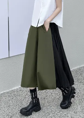 Loose Army Green Pockets Wrinkled Patchwork Cotton Pants Skirt Fall LY9375